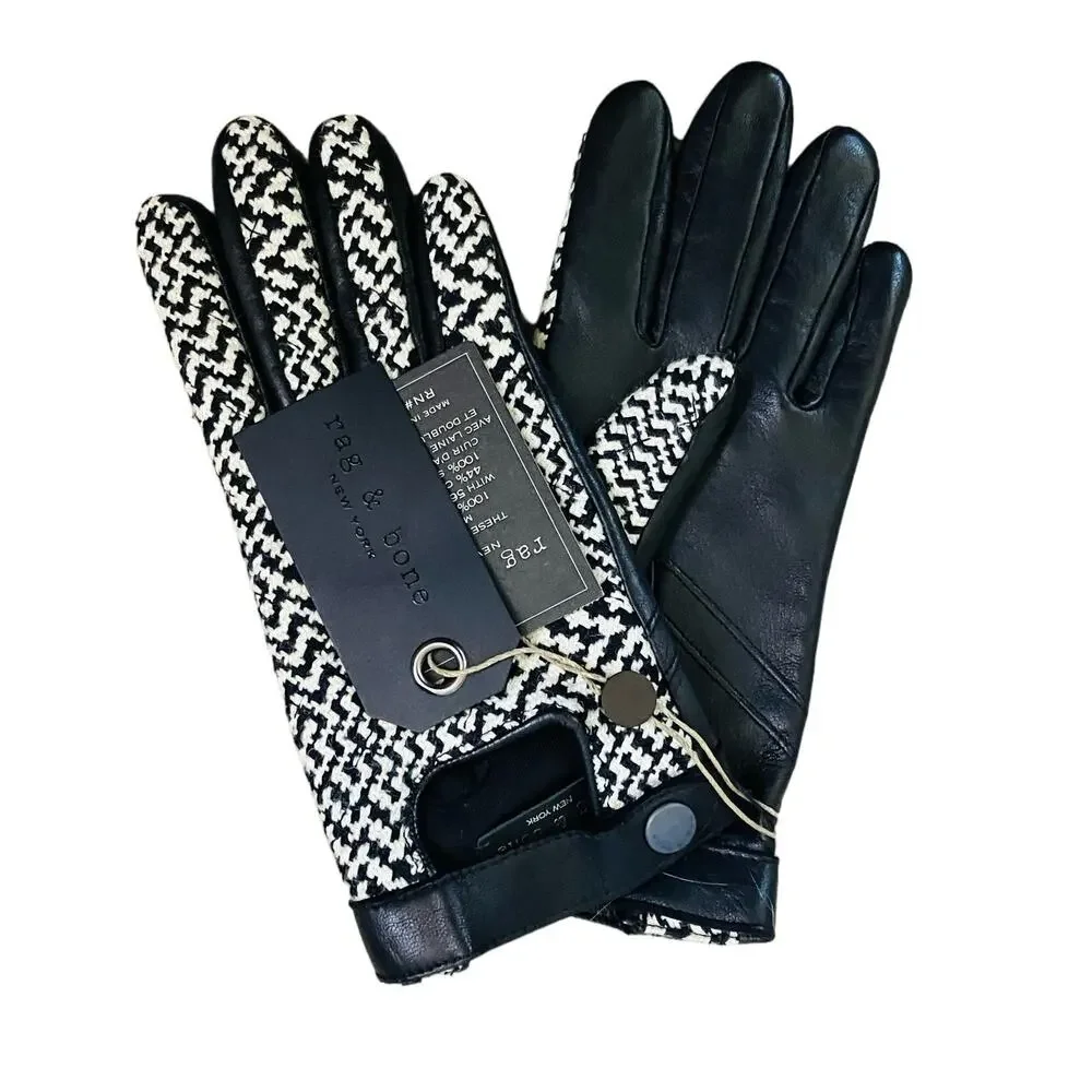 New Rag & Bone Houndstooth Black White Lambskin Beacon Gloves Size 6.5